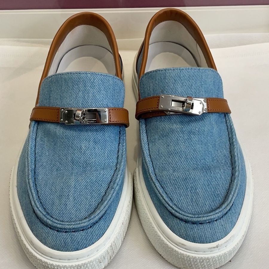 愛馬仕 Hermes 牛仔拼皮Kelly扣平底休閒鞋 37碼-1