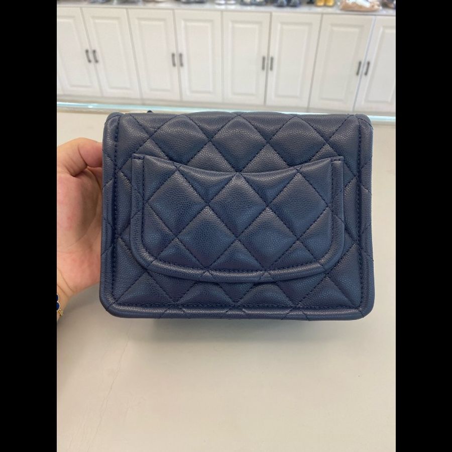 99新 Chanel/香奈兒 深藍色金扣 荔枝牛皮豆腐包-2