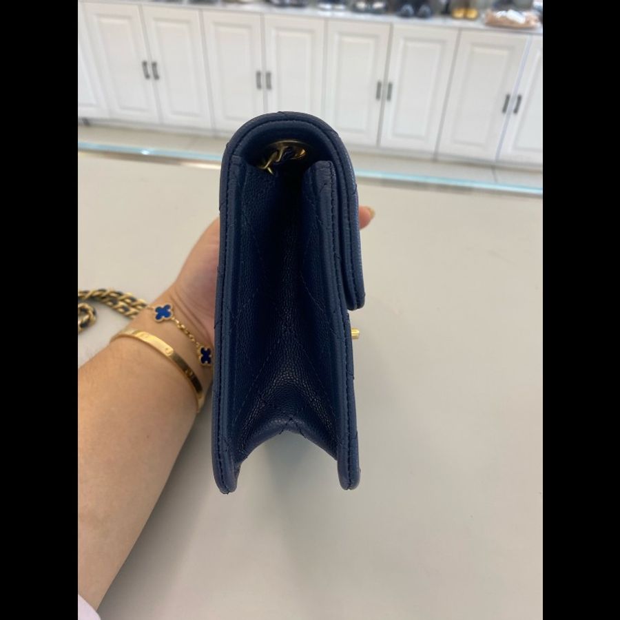 99新 Chanel/香奈兒 深藍色金扣 荔枝牛皮豆腐包-3