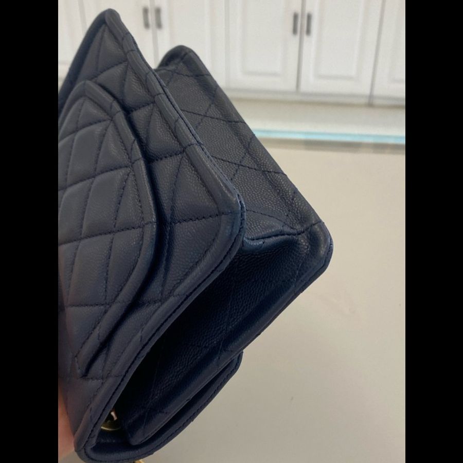 99新 Chanel/香奈兒 深藍色金扣 荔枝牛皮豆腐包-5