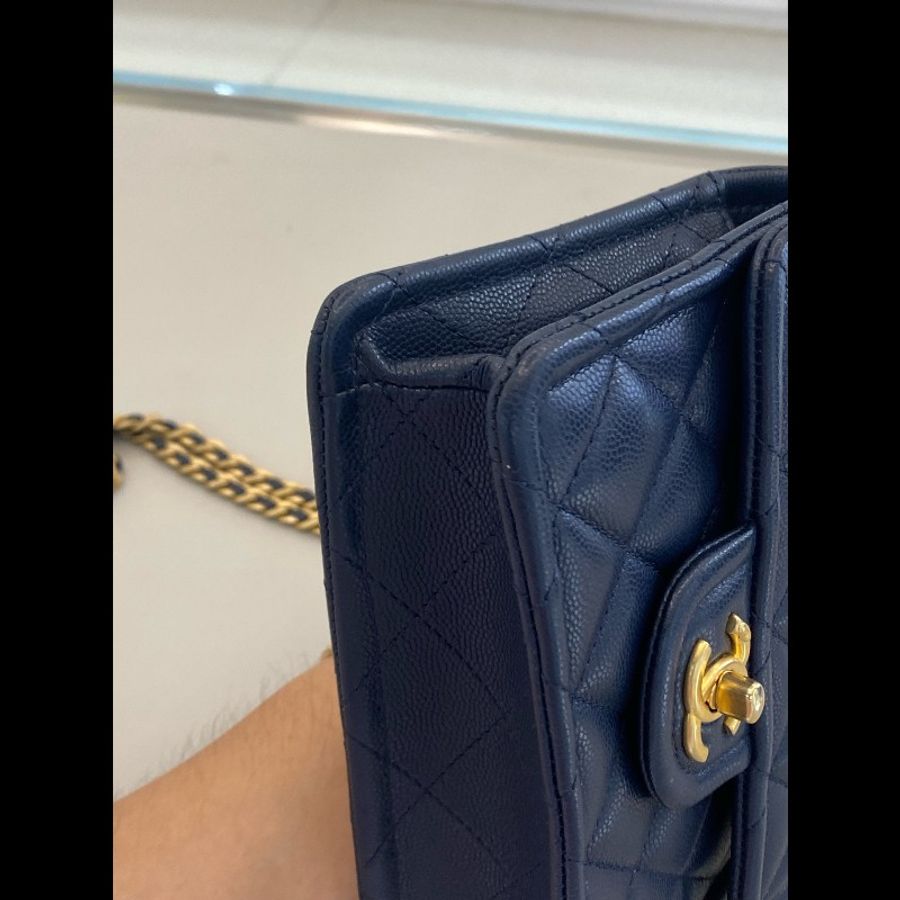 99新 Chanel/香奈兒 深藍色金扣 荔枝牛皮豆腐包-7