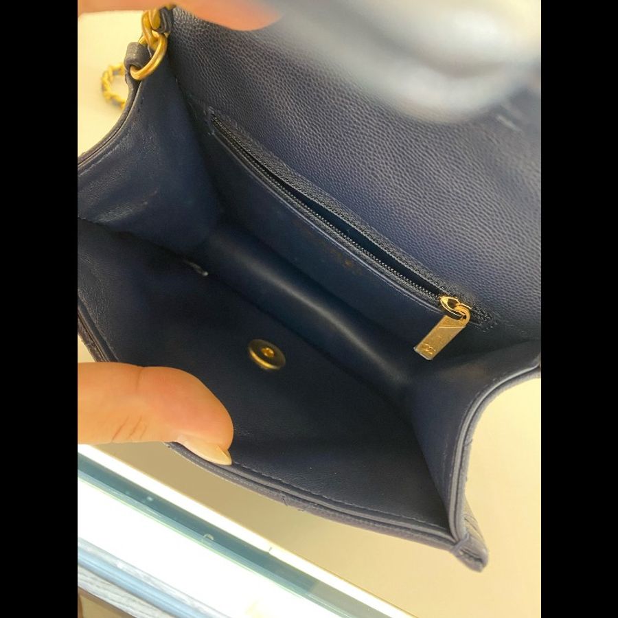 99新 Chanel/香奈兒 深藍色金扣 荔枝牛皮豆腐包-8