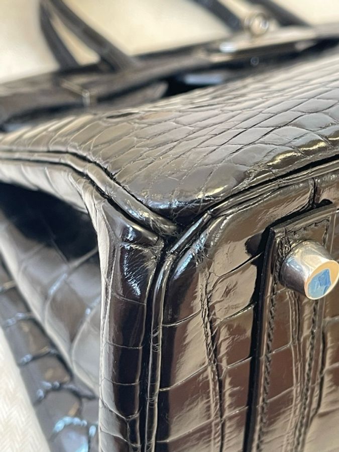 愛馬仕 Hermès Birkin 30 黑銀亮面鱷魚皮(兩點刻印,稀有皮質),2008年包。-17