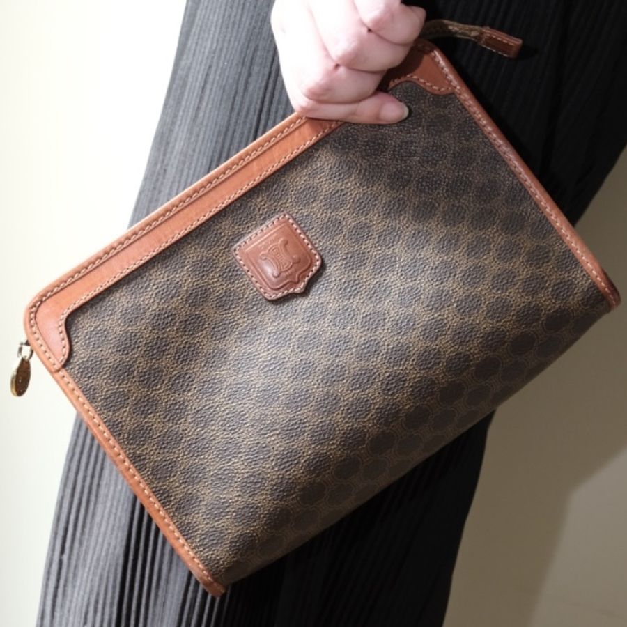 Celine Vintage 1980s經典Macadam老花盾形皮標萬用手拿包 / 化妝包-9