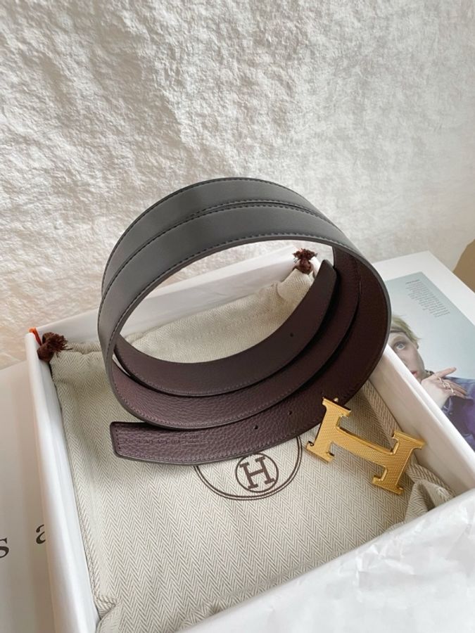Hermes愛馬仕 男士雙面皮帶 黑色拼巧克力色 32mm*95cm H雕花紋金扣-4