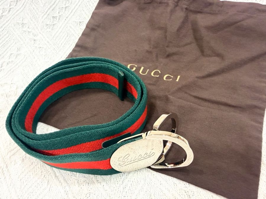 ✨近全新✨Gucci 經典綠紅綠織帶 草寫Logo D型環皮帶🔥優惠釋出-0