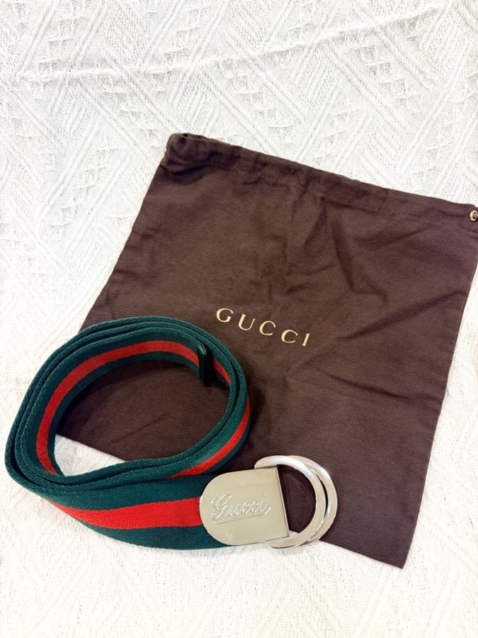 ✨近全新✨Gucci 經典綠紅綠織帶 草寫Logo D型環皮帶🔥優惠釋出-1