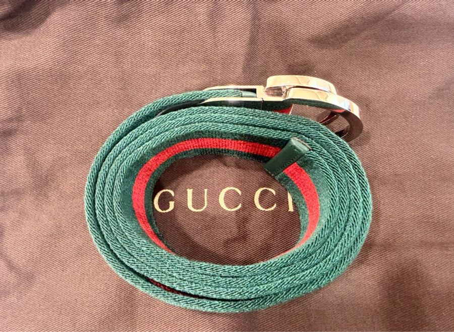 ✨近全新✨Gucci 經典綠紅綠織帶 草寫Logo D型環皮帶🔥優惠釋出-5