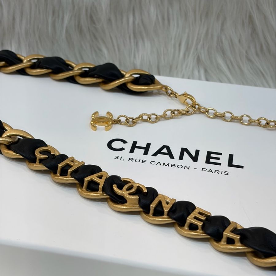 CHANEL 皮穿鍊 黑金 金釦 雙C 腰鍊 腰帶-0