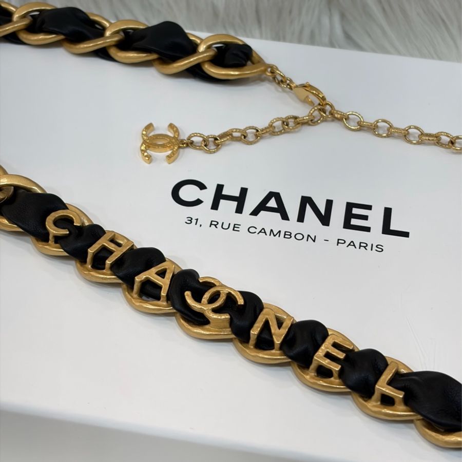 CHANEL 皮穿鍊 黑金 金釦 雙C 腰鍊 腰帶-1