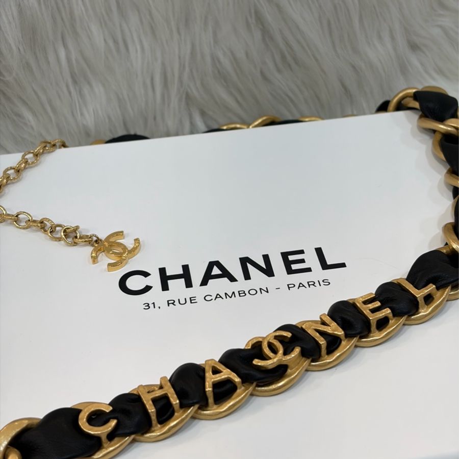 CHANEL 皮穿鍊 黑金 金釦 雙C 腰鍊 腰帶-2