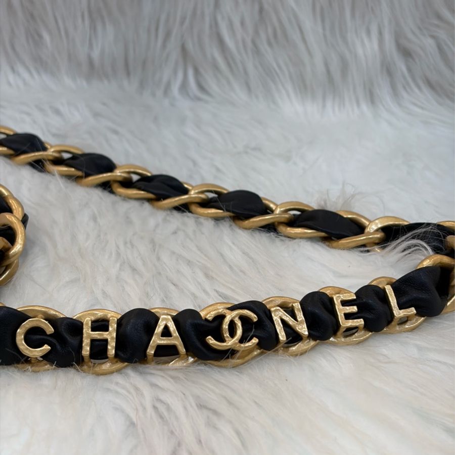CHANEL 皮穿鍊 黑金 金釦 雙C 腰鍊 腰帶-4