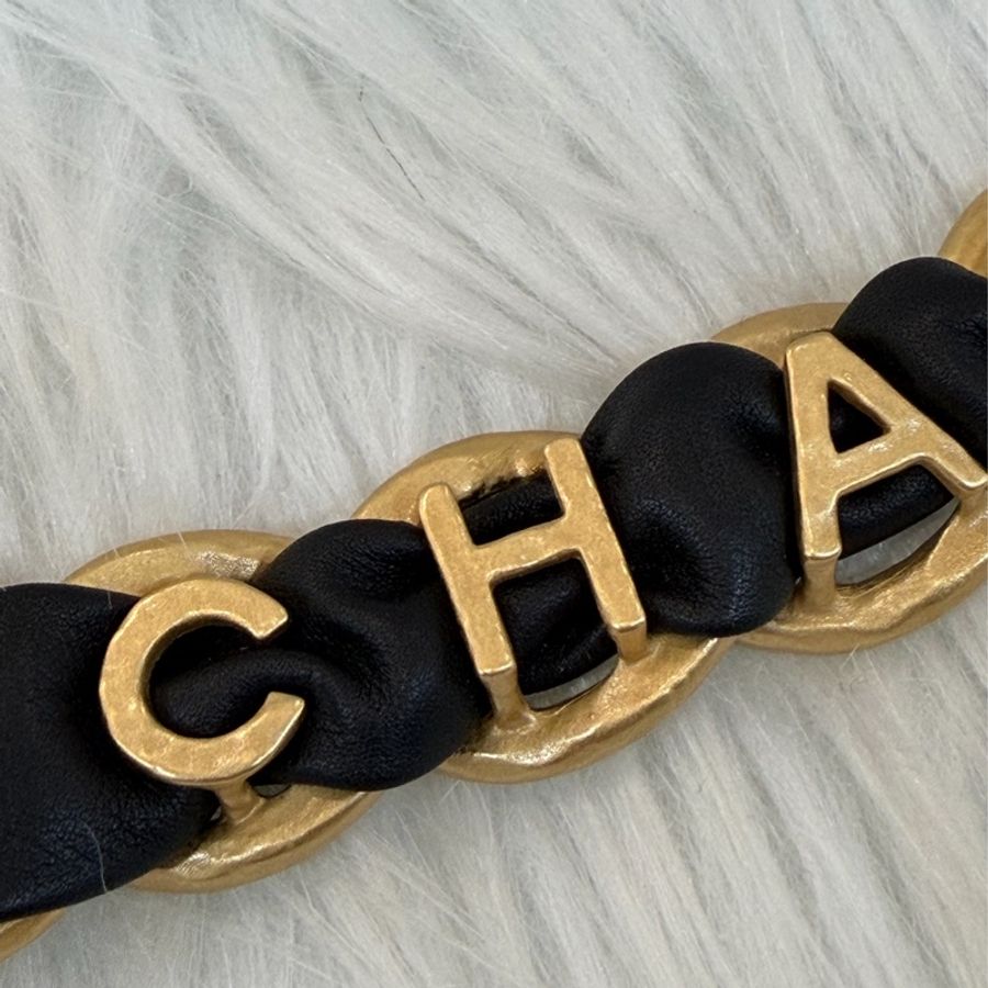 CHANEL 皮穿鍊 黑金 金釦 雙C 腰鍊 腰帶-13