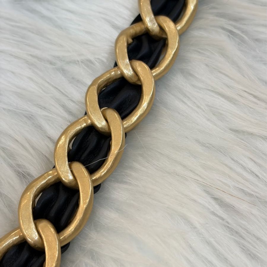 CHANEL 皮穿鍊 黑金 金釦 雙C 腰鍊 腰帶-17