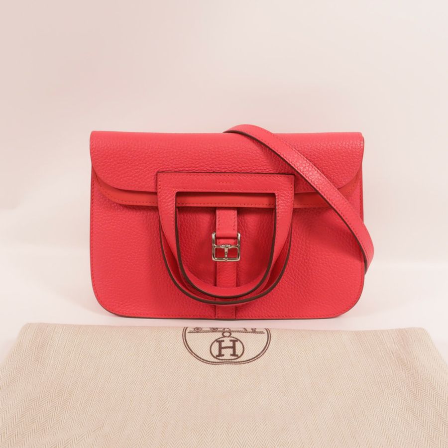 HERMES Clemence皮革Halzan 25手挽肩背兩用袋Rose Extreme-10