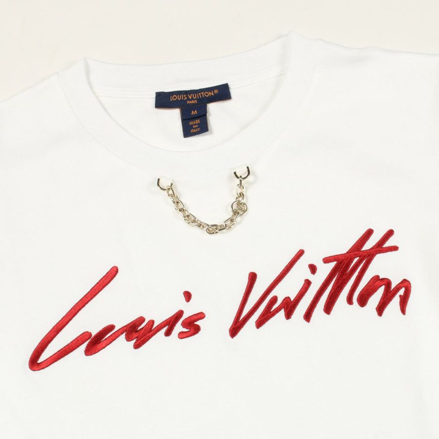 路易威登 (LOUIS VUITTON) 標誌刺繡短袖T卹,純棉材質,白色/紅色,二手,M碼-4