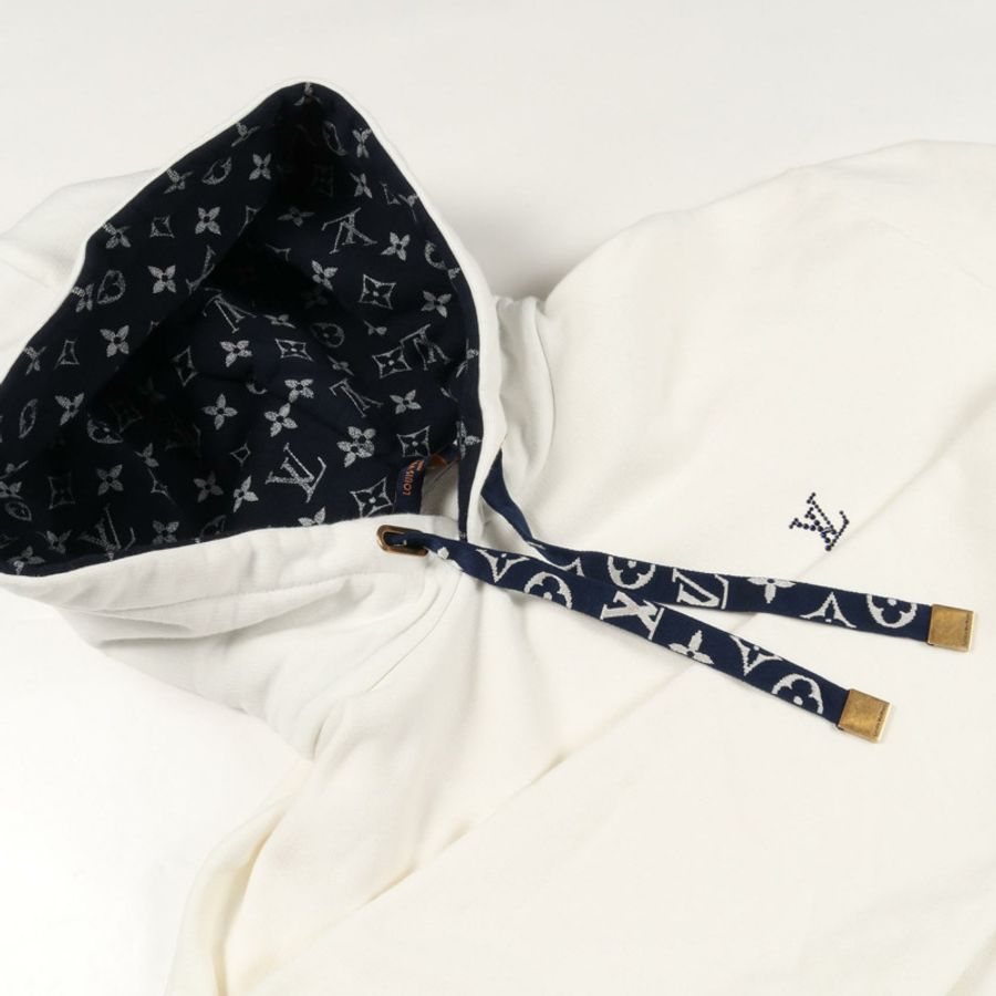 路易威登 LV 鑲鑽 Logo Monogram 襯裡連帽衫,白色,棉質,二手,S 碼-8