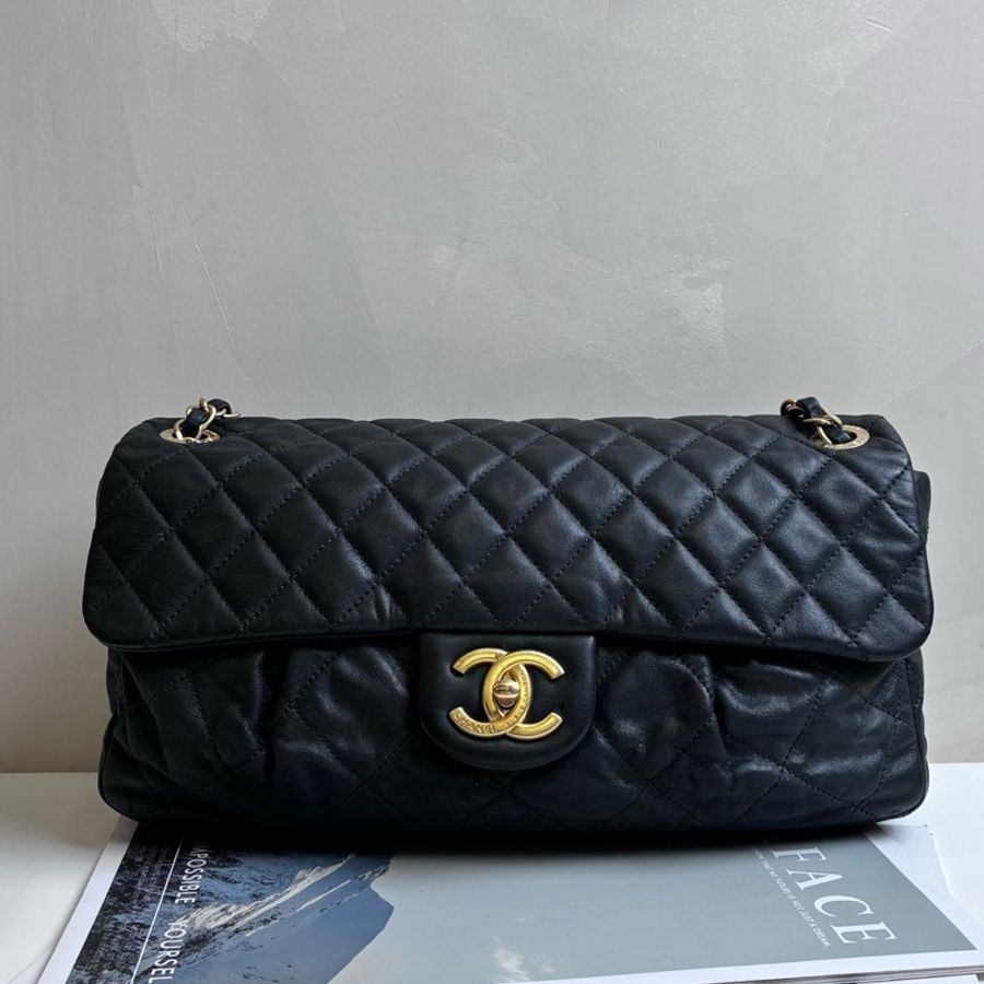 CHANEL/香奈兒 17開 雲朵包 單肩斜挎包 黑金 牛皮 97新-1