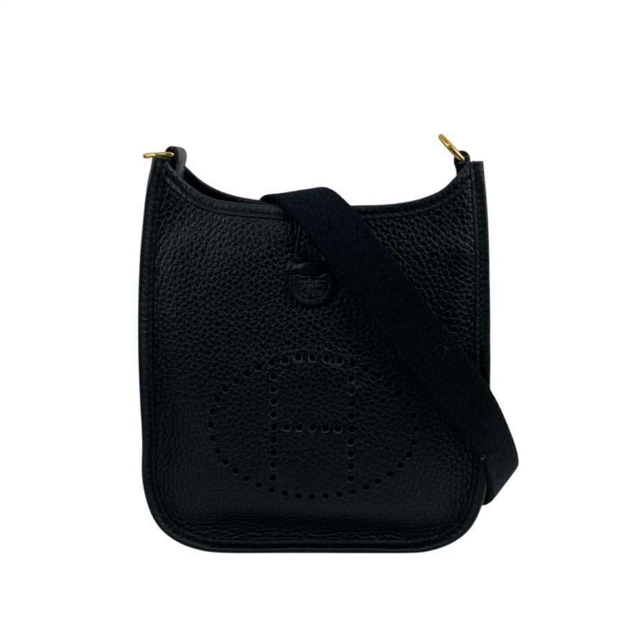 △ HERMES 愛馬仕 Black Clemence Calfskin Gold Plated Metal Evelyne 16 Stamp U Shoulder Bag 黑色粒紋小牛皮鍍金金屬U刻肩背包-267013319-1