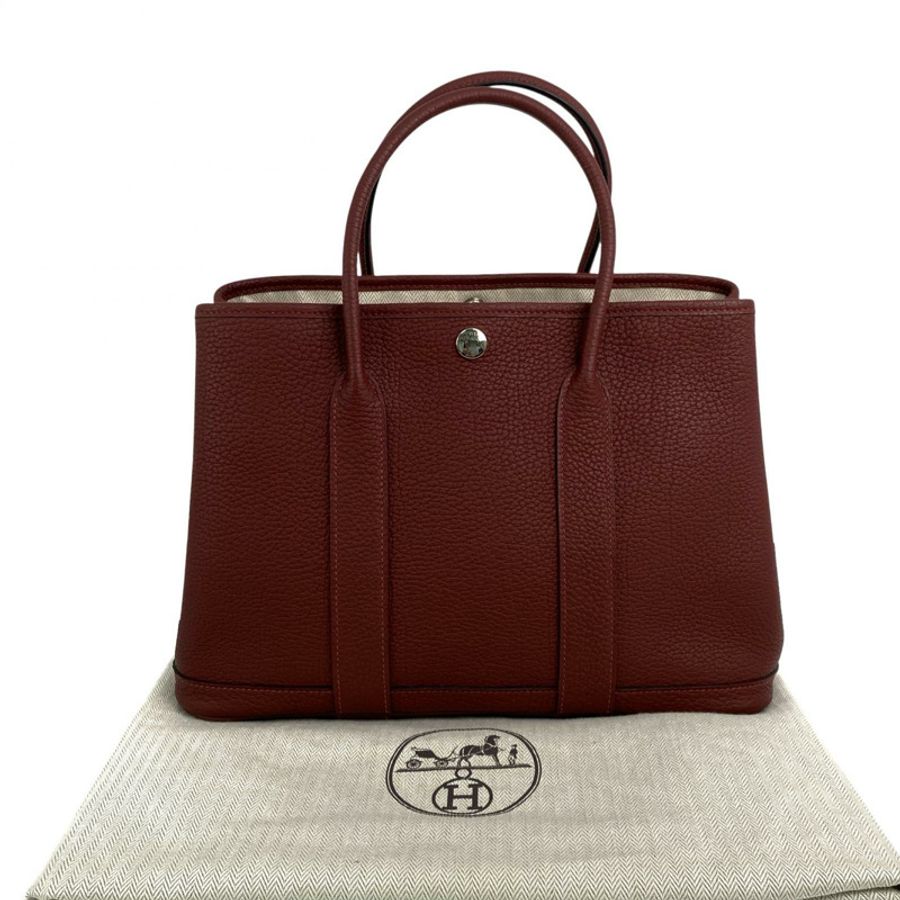 △ HERMES 愛馬仕 Wine Red Negonda Calfskin Palladium Plated Metal Garden Party 30 Stamp W Handbag 酒紅色粒紋小牛皮鍍鈀金屬W刻手挽袋-267013576-0