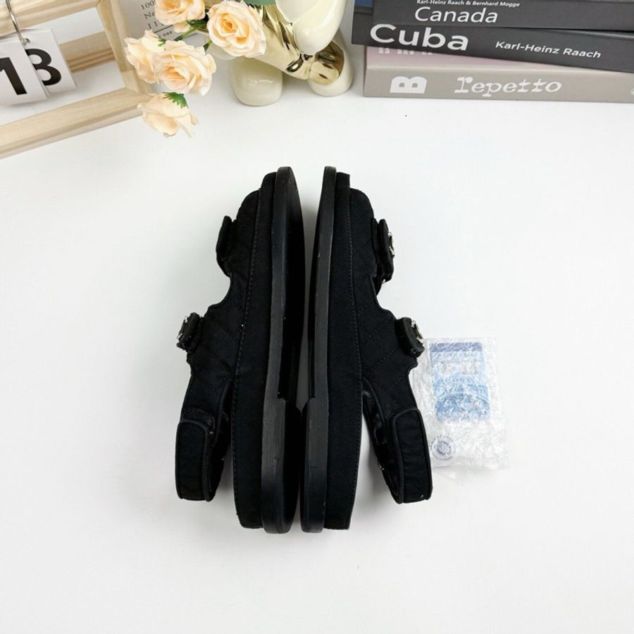 Chanel 香奈兒 黑色鑽扣魔術貼涼鞋 98新37.5碼-4