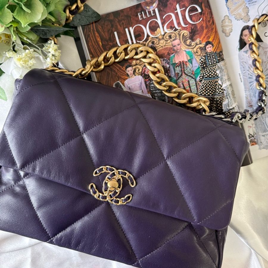 Chanel 19 三色鍊帶菱格紋口蓋包(大款)(深紫色)-0