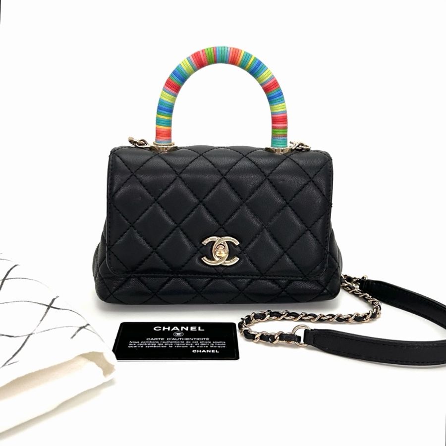 威選精品|CHANEL Coco Handle Mini 彩虹手柄 黑金手提肩背斜背包 🌈🖤-0