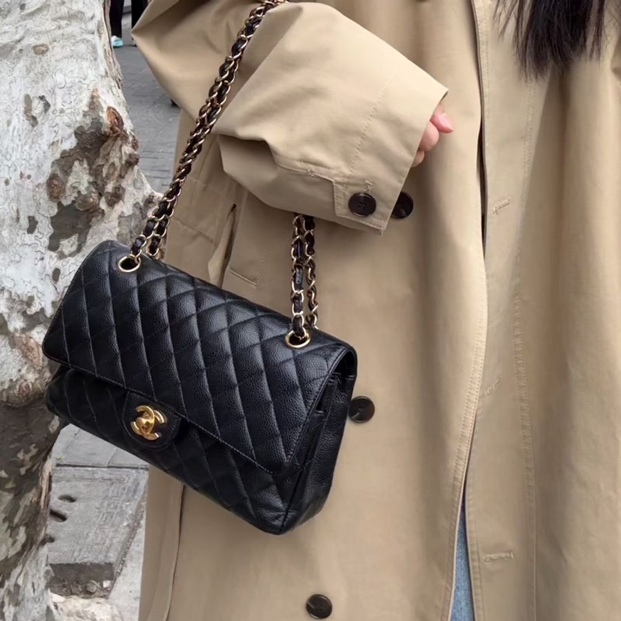 CHANEL香奈兒黑金荔枝皮Cf25中號芯片款全新全配🈶購證專櫃4️⃣0️⃣萬-7