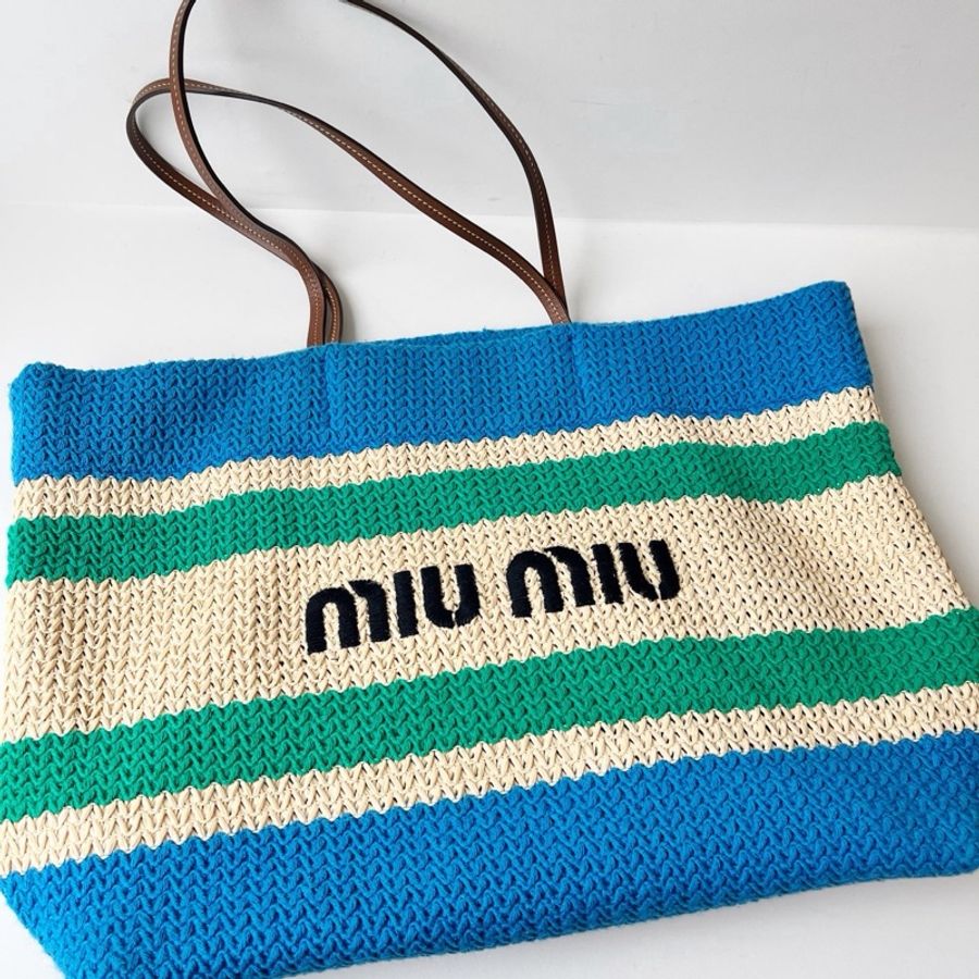 ✨ 威選精品|MIU MIU 草編拼色 Tote 托特包 💙💚-7