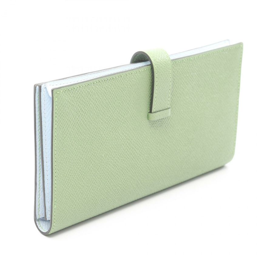 HERMES Bearn Soufflet Verso 錢包 073596CC Epsom 皮革 綠色 藍色 二手 Y GHW-1