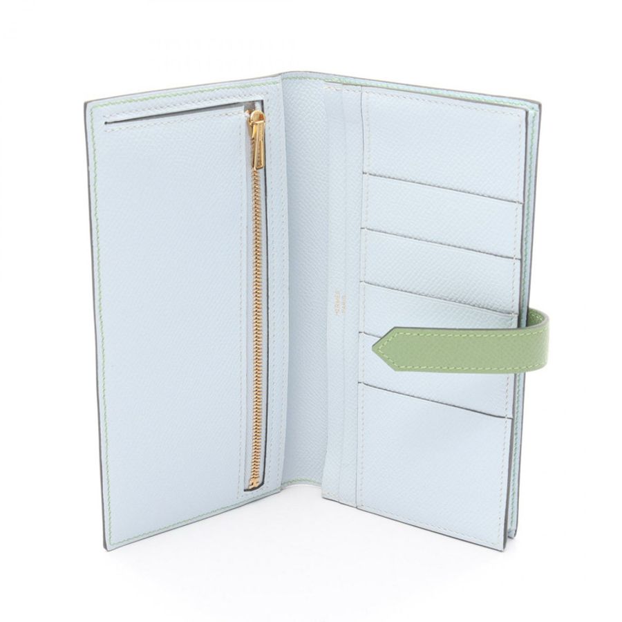 HERMES Bearn Soufflet Verso 錢包 073596CC Epsom 皮革 綠色 藍色 二手 Y GHW-2