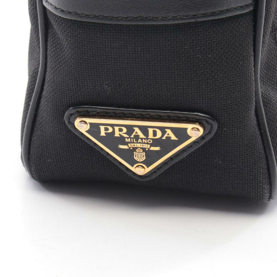 PRADA Logo提花肩挎包帆布皮革黑色二手女包-4