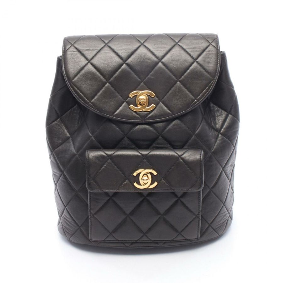 香奈兒 (CHANEL) 絎縫雙肩包,羊皮材質,黑色,二手,金色五金,女士-0