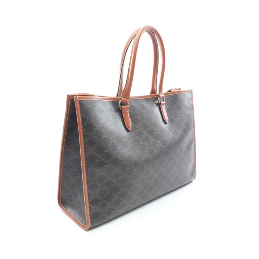 CELINE Horizontal Cabas Triomphe 手提包 197912 帆布皮革 黑色 棕色 二手-1