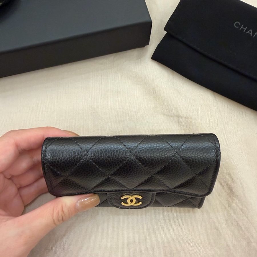 CHANEL荔枝牛皮黑色淡金釦單層卡包零錢包-2
