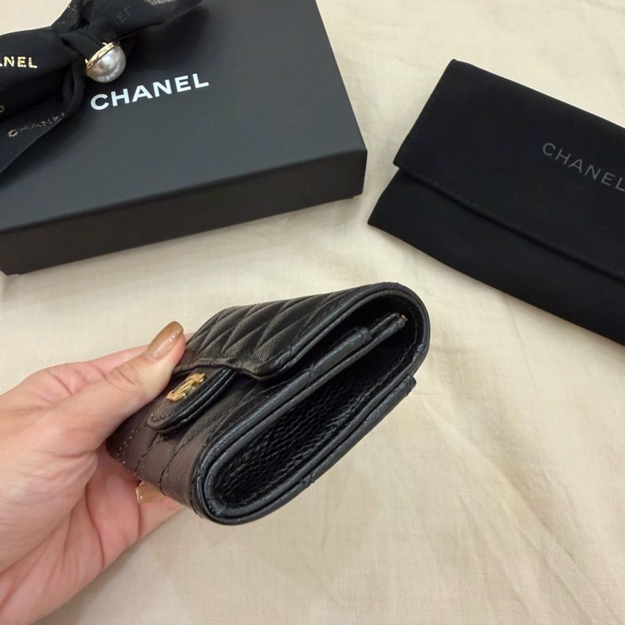 CHANEL荔枝牛皮黑色淡金釦單層卡包零錢包-4