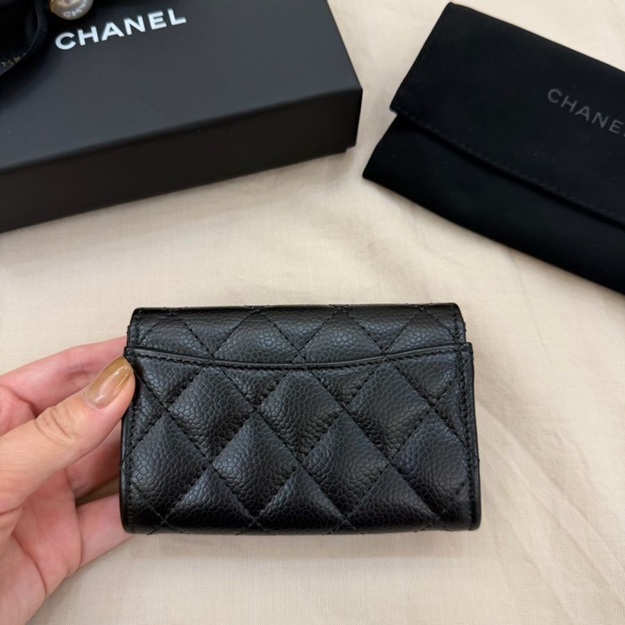 CHANEL荔枝牛皮黑色淡金釦單層卡包零錢包-6