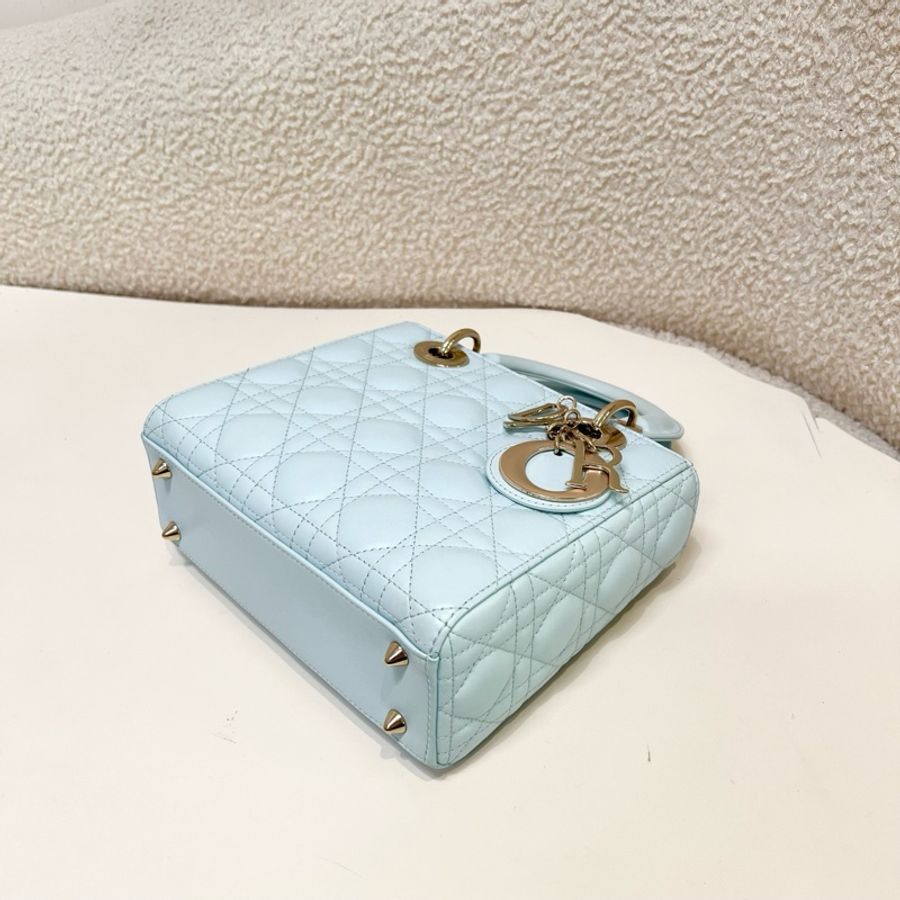 Dior/迪奧 戴妃四格藍金羊皮 金扣單肩包斜挎包手提包-4