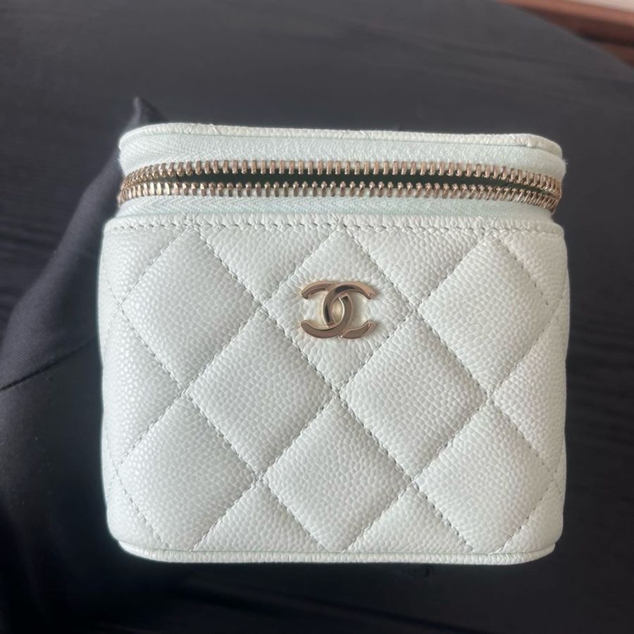 Chanel香奈兒 荔枝紋牛皮小方盒化妝包斜挎包 淡綠色 芯片款,-5