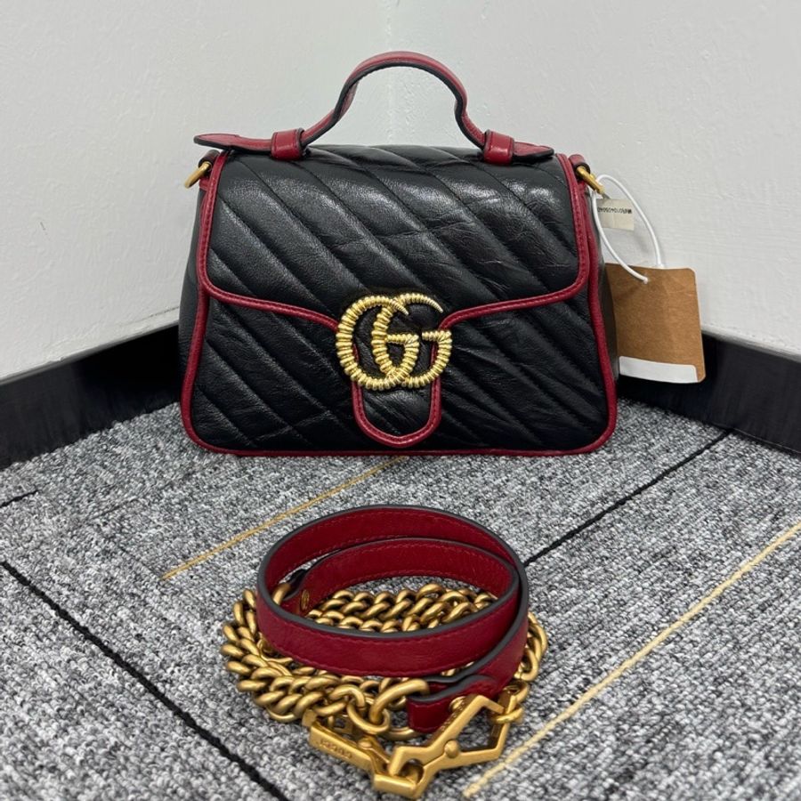 GUCCI古馳 GG marmont馬蒙手提包 有肩帶可斜挎 黑色拼紅色牛皮 金扣-0