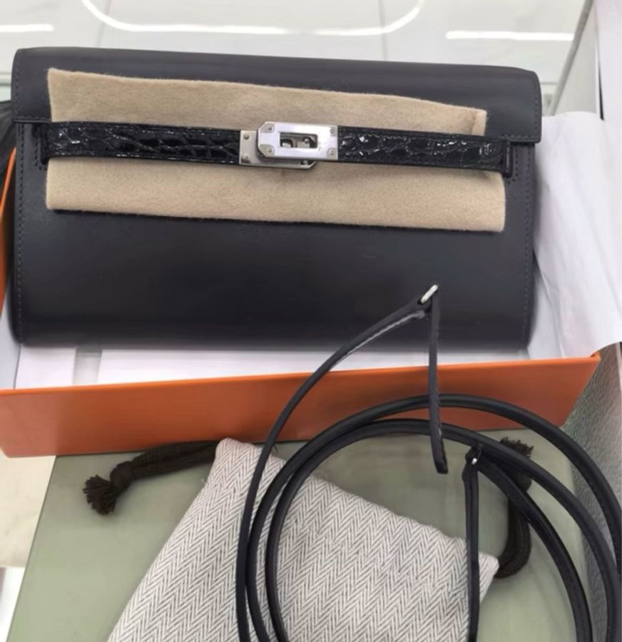 有票✨ hermes Kelly to go 灰色拼黑色鰐魚皮 epsom皮拼鰐魚 銀扣-0