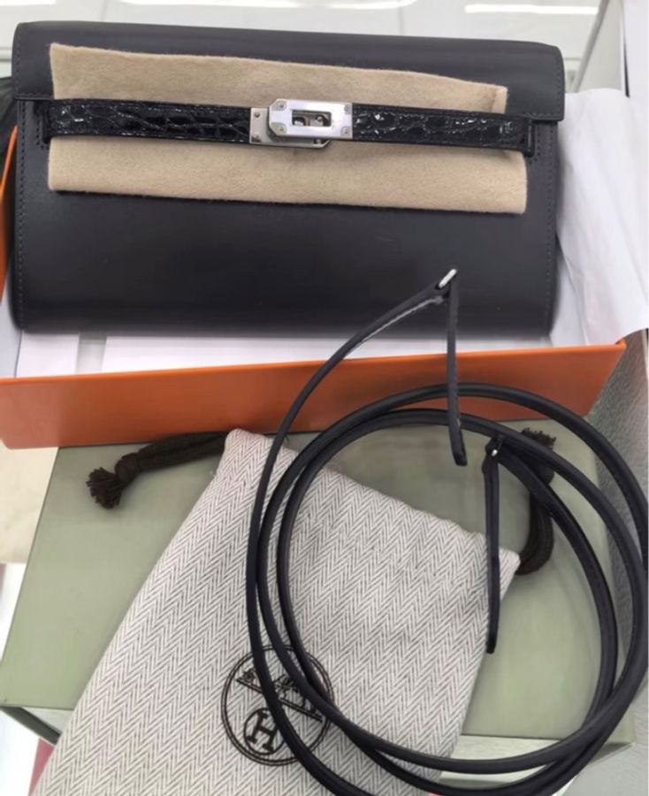 有票✨ hermes Kelly to go 灰色拼黑色鰐魚皮 epsom皮拼鰐魚 銀扣-4