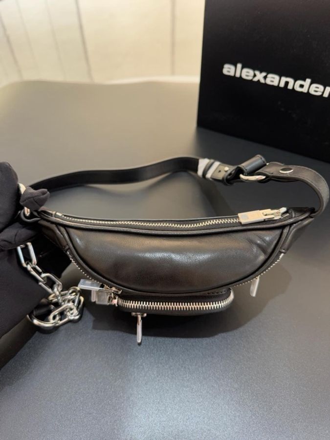 Alexander wang 亞歷山大王Attica系列 銀鏈拼皮單肩斜挎包 機車包胸包腰包 尺寸21.5*10.5cm-4