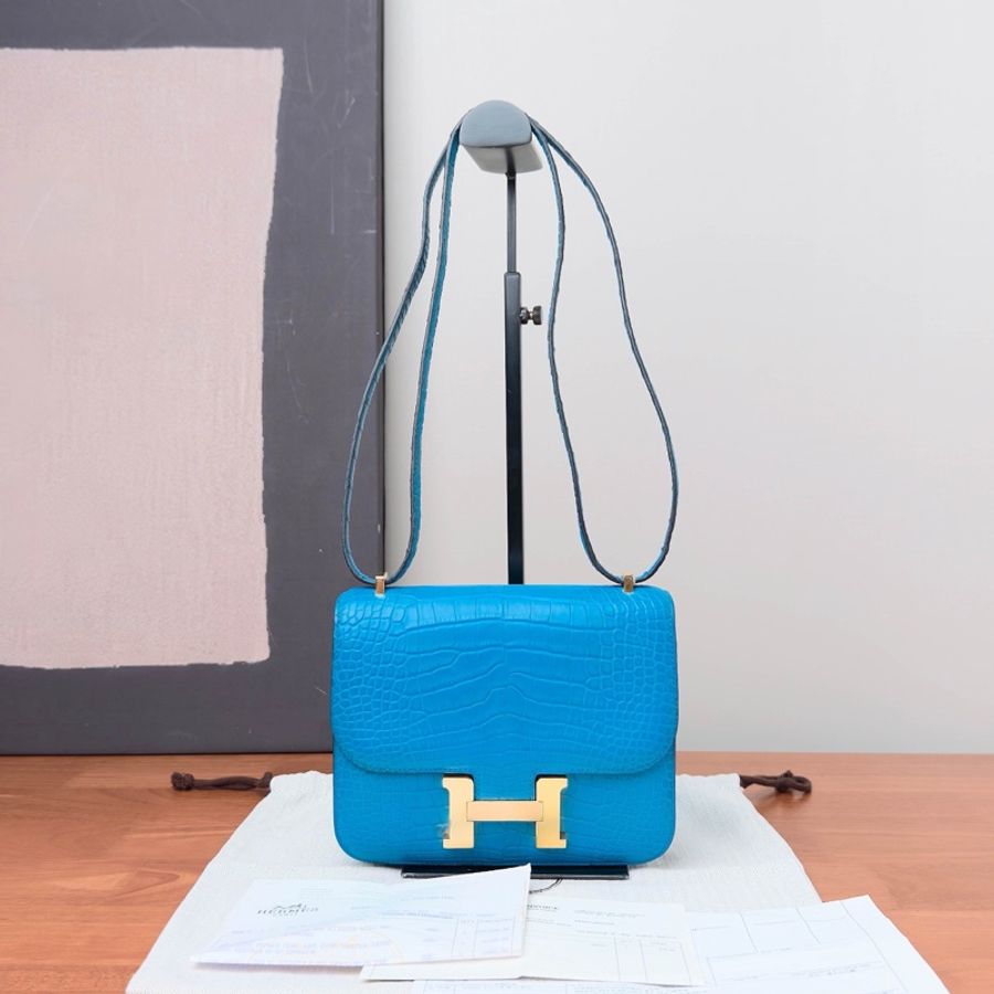 HERMES 伊茲密爾藍鱷魚皮康康肩背斜背包 19*15*4 99新配件塵袋 購證-1