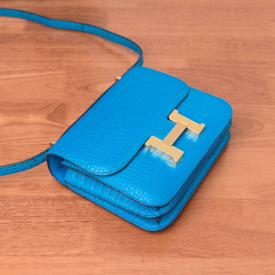 HERMES 伊茲密爾藍鱷魚皮康康肩背斜背包 19*15*4 99新配件塵袋 購證-3