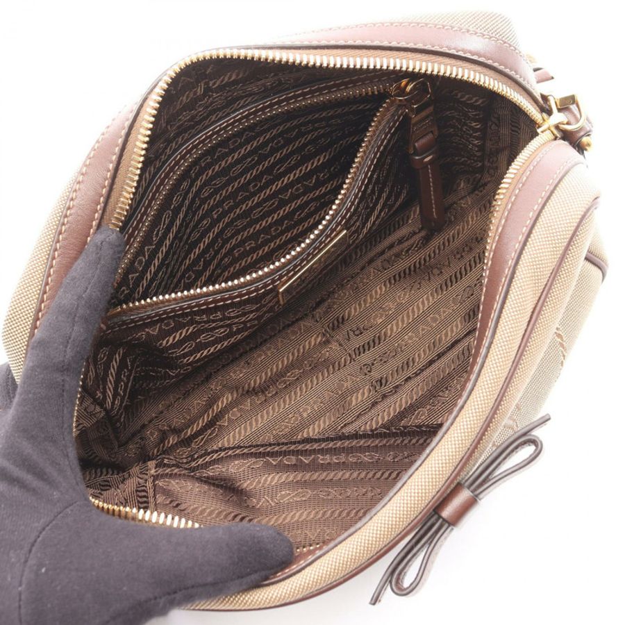 PRADA LOGO JACQUARD 斜背肩背包 1BH089 帆布皮革 米色 二手-2