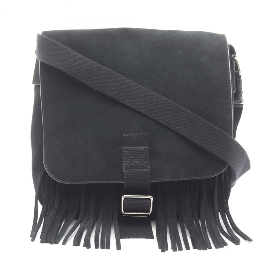SAINT LAURENT PARIS 流蘇單肩斜背包 黑色麂皮 二手 女款-0