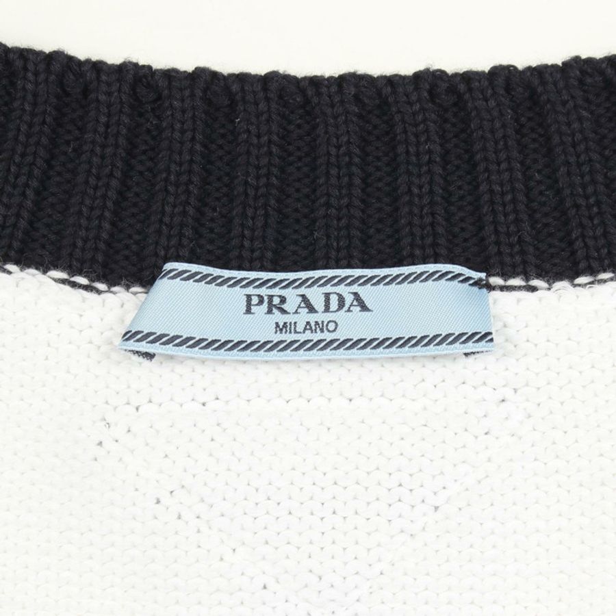 PRADA V領短版開襟衫上衣 #36 P25N54 棉質 白色 海軍藍 二手 女款-2