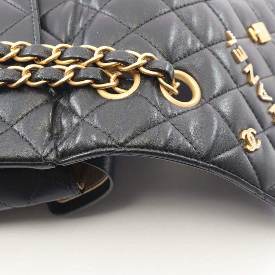 香奈兒 (CHANEL) Matelasse W 翻蓋 Icon Charm 鏈條肩背包 A01112 皮革 BK GHW-8