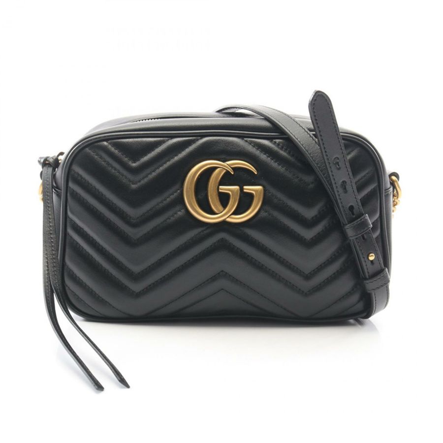GUCCI GG Marmont 肩背斜背包 447632 黑色皮革 GHW 二手 女士-0